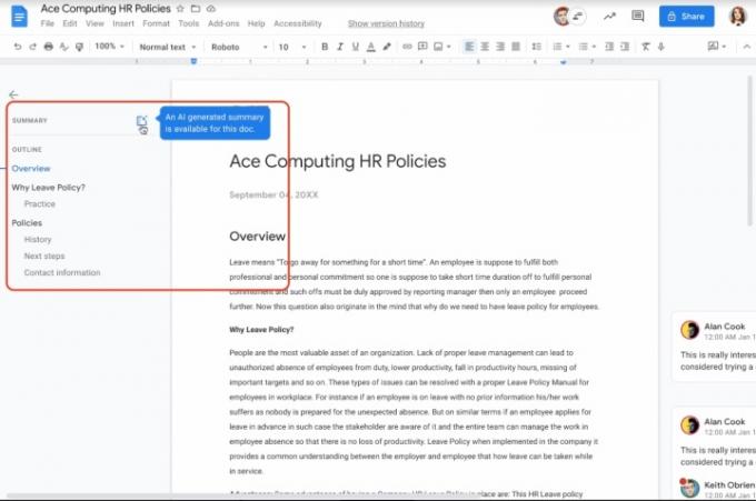 Google bruger A.I. at bringe automatisk genererede oversigter til Google Docs.