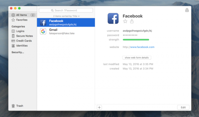 1Password MacOS alkalmazás képernyőképe, amely példákat mutat a tárolt Facebook és Gmail jelszavakra.