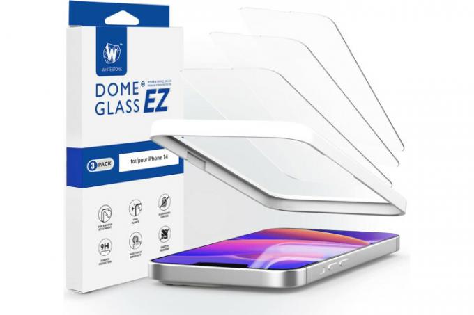 Whitestone Dome Glass EZ-skjermbeskytter for iPhone 14 som viser det enkle installasjonsbrettet og forhandleremballasjen.