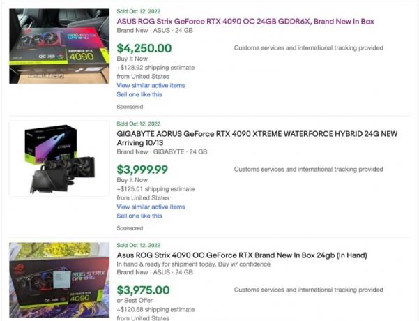 listagens do ebay mostrando cartões rtx 4090 listados a $ 5.000