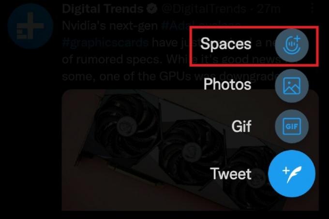 Twitter Spaces izvēlnes opcija.
