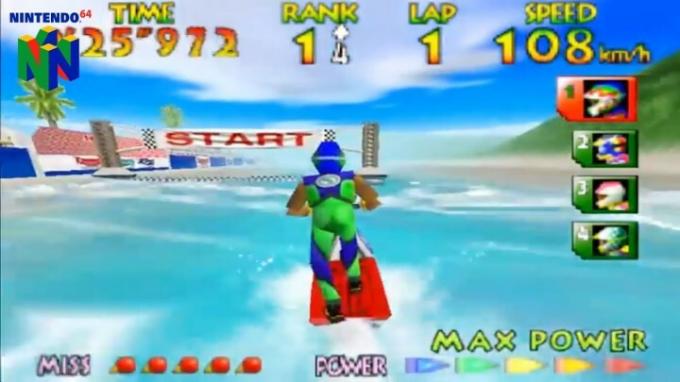 Гравець наближається до фінішу в Wave Race 64.