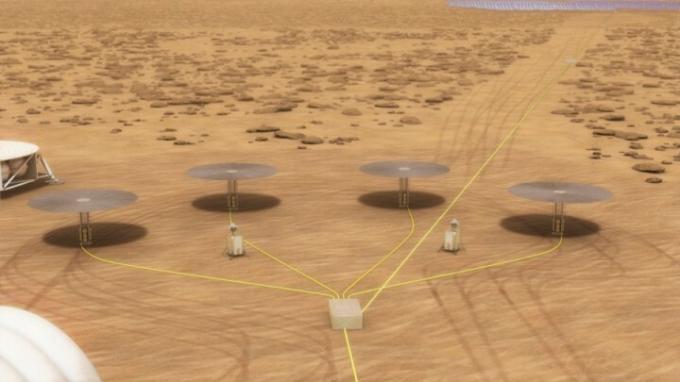 4 つの 10 キロワット装置を使用した火星の表面の核分裂発電システムのコンセプト。 