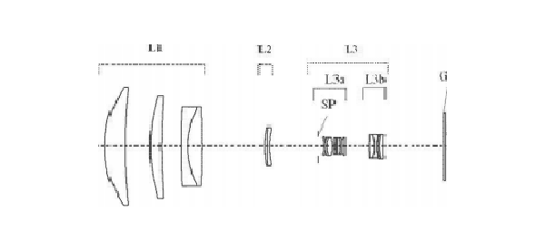 Un diagramma ingrandito del design ottico Canon in formato miniatura per l'EF 1000 mm f5,6 DO