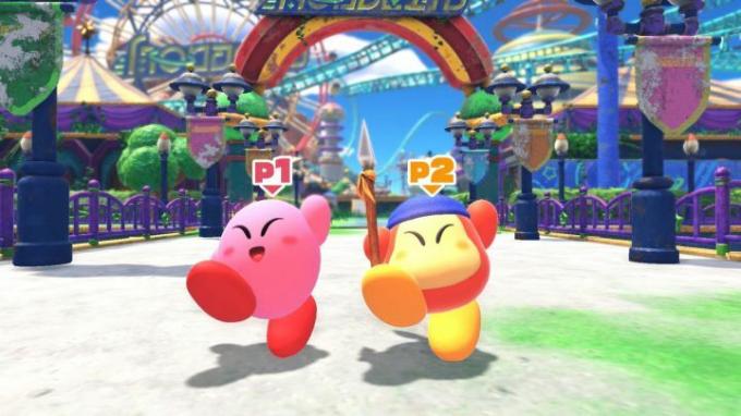 Kirby a bandana waddle dee tančí v Kirby and the Forgotten Land.