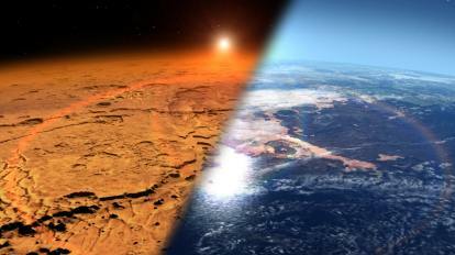 Et kunstnerkonsept som viser Mars i dag til venstre og Mars slik den kunne vært, dekket av vann, til høyre.