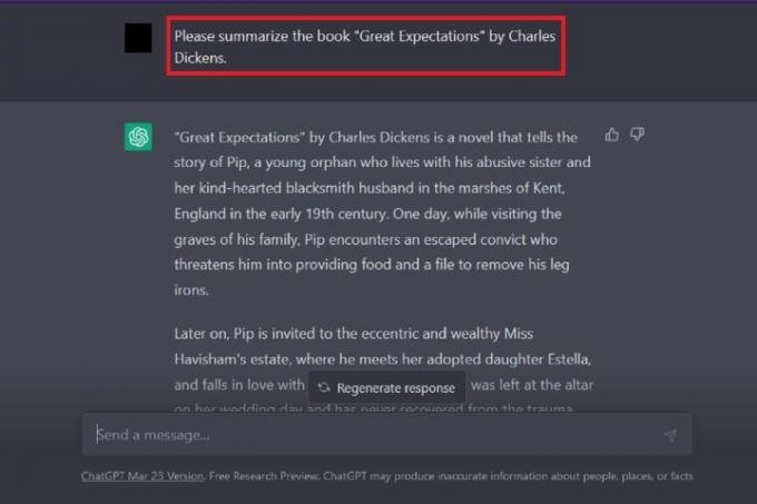 Respuesta resumida del libro de ChatGPT para Grandes esperanzas de Charles Dickens.