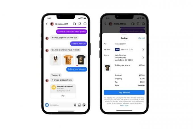 Due screenshot del dispositivo mobile che mostrano la nuova funzionalità di pagamento della chat di Instagram in azione su uno sfondo bianco.