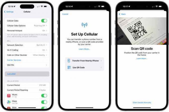 Tre iPhones, der viser trinene til at scanne en eSIM QR-kode.