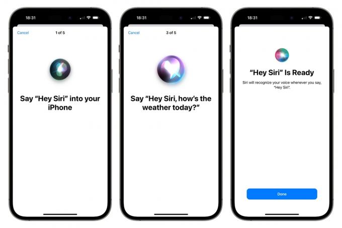 iPhone 14 Pro Max montrant des écrans iOS 16 pour la formation Hey Siri.