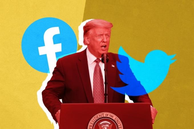 Trump se stylizovaným obrázkem loga Facebooku a Twitteru