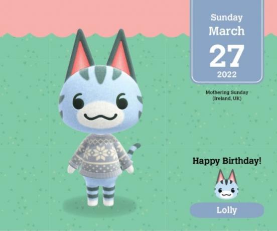 Animal Crossing naptárbejegyzés március 27-re.
