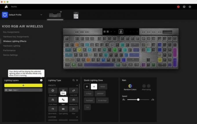 Programska oprema iCUE za izbirnik barv K100 Air Wireless.