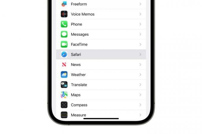 Safari가 강조 표시된 iPhone 설정 앱.