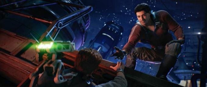 Bode aiuta Cal a rialzarsi in Star Wars Jedi: Survivor.