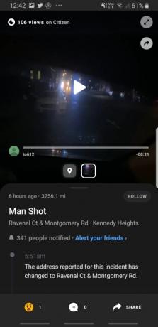 Citizen アプリ上の事件ビデオのスクリーンショット