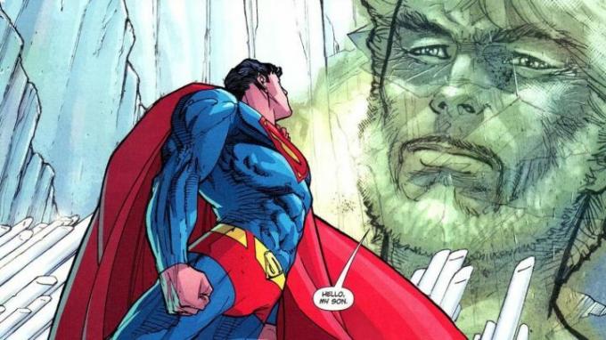 Superman spoglądający na wspomnienie swojego ojca w komiksie Superman Last Son.