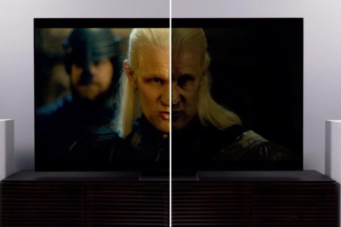 Slika podijeljenog ekrana TCL serije 6 TV s prigušenim Dolby Visionom na lijevoj strani i svjetlijim HDR 10 na desnoj strani.