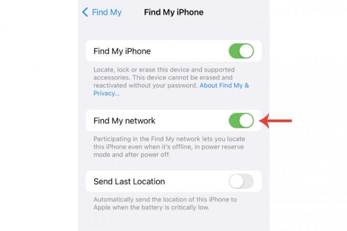 Кнопка «Знайти мою мережу» на iPhone, щоб увімкнути функцію офлайн-пошуку втрачених пристроїв Apple.