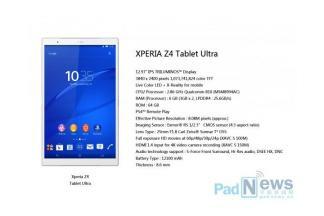 „Xperia Z4 Tablet Ultra“ nuotėkio specifikacijos