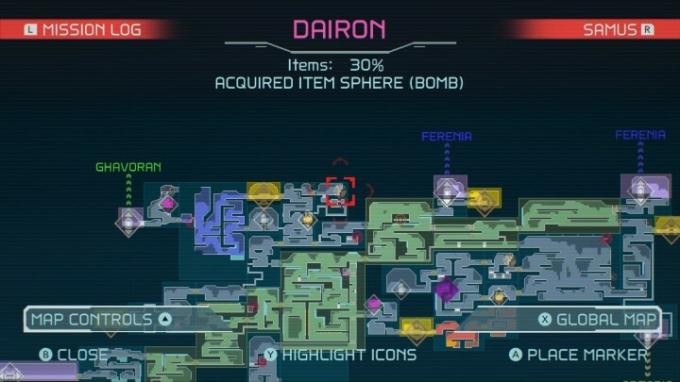 Metroid Dread'deki Morph Ball Bomb'un haritası.