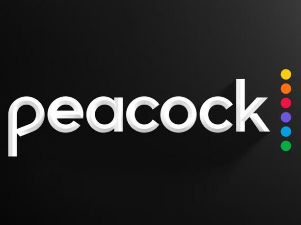 Peacock TV-logotyp på svart bakgrund.