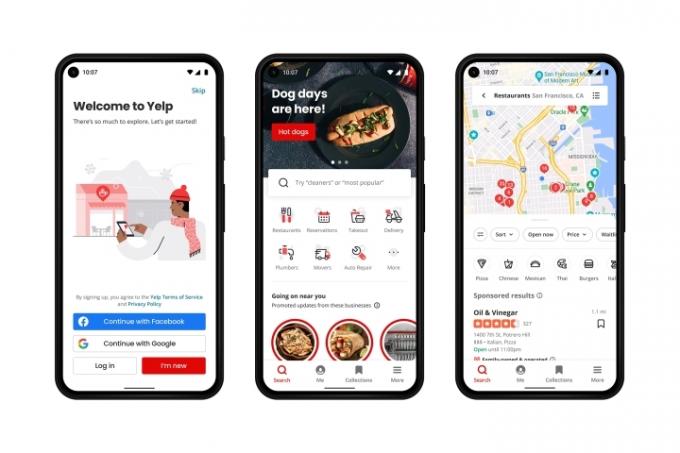 Три екранни снимки на новото приложение Yelp, работещо на телефони с Android.