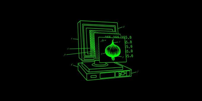 Črno-zelena risba računalnika in čebule.