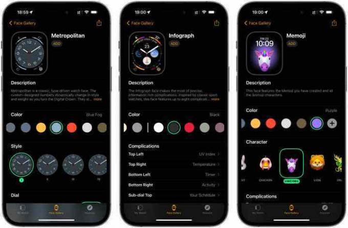 Három iPhone, amelyek az Apple Watch Faces hozzáadásának lépéseit mutatják.