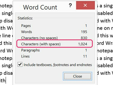 Satu baris di Notepad yang ditempelkan ke Word menunjukkan 1.024 karakter.