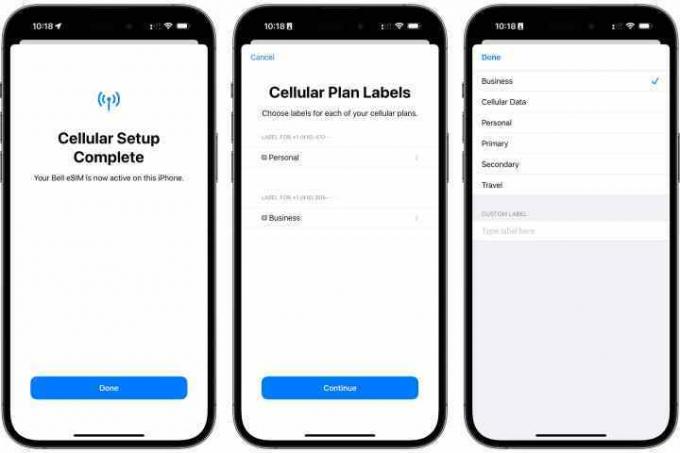 Três iPhones mostrando etapas para escolher rótulos para vários planos de celular.