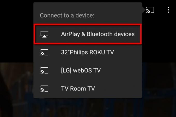 Opção AirPlay do aplicativo YouTube para iPad