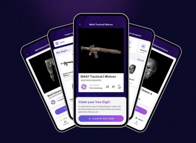 Plusieurs écrans de téléphone affichant le service axé sur NFT appelé Ubisoft Quartz.