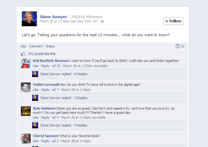 Diane Sawyer Facebook Vraag en antwoord