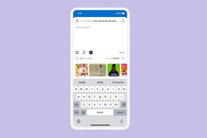 Giphy GIF を Reddit コメントに追加する方法を示すモバイル製品のスクリーンショット。