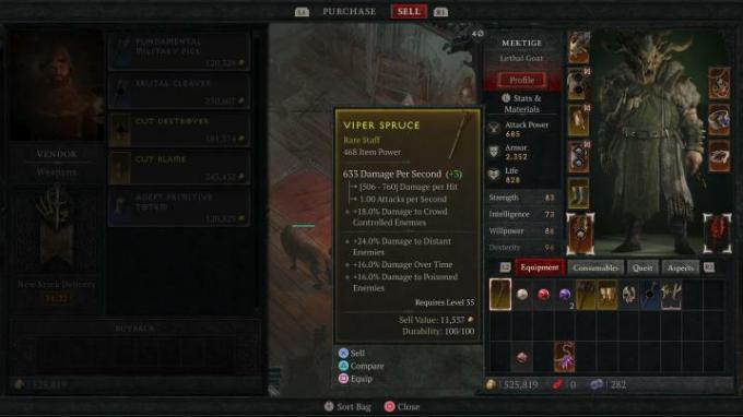 Prodajni zaslon pri trgovcu v Diablo 4
