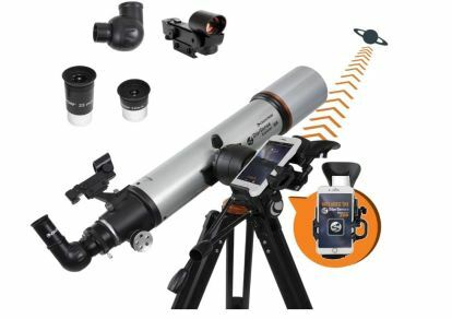 Celestron ტელესკოპი თავისი მრავალი დანართით.