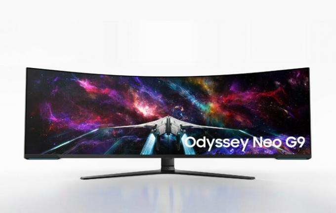 Gri bir arka plan üzerinde Samsung Odyssey Neo G9.