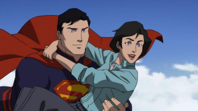 Superman volant en portant Lois Lane dans le film d'animation La mort de Superman.
