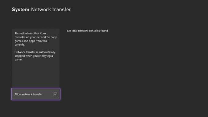 Ekran ustawień transferu sieciowego na Xbox Series X.