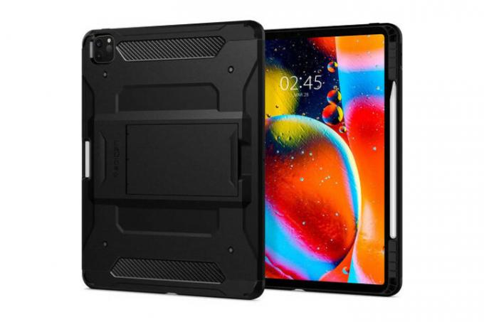 Το iPad Air 5 στη θήκη Tough Armor Pro της Spigen σε μαύρο χρώμα, που δείχνει το ακραίο, ανθεκτικό επίπεδο προστασίας που προσφέρεται από το μπροστινό και το πίσω μέρος της θήκης.