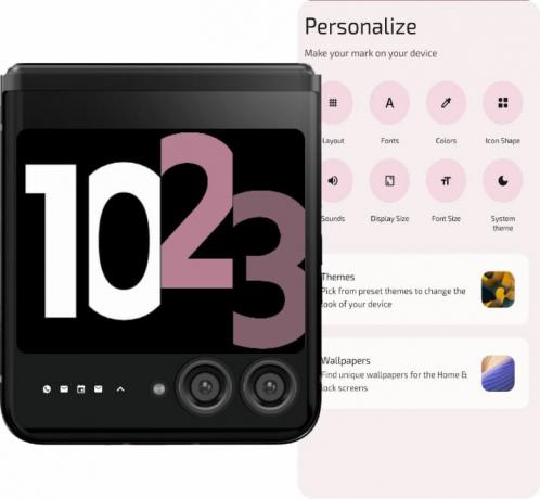 Razkrita slika promocijskega materiala za Moto Razr 2023. Funkcija personalizacije je bila uporabljena za spreminjanje pisave in velikosti ure.