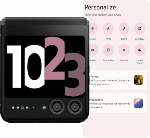 Moto Razr 2023のプロモーション素材のリーク画像。 パーソナライゼーション機能は、時計のフォントとサイズを変更するために使用されています。