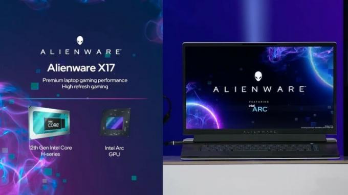 Inteli esitlusgraafika, mis teatab Intel Arc dGPU-st Alienware x17 sülearvuti jaoks.