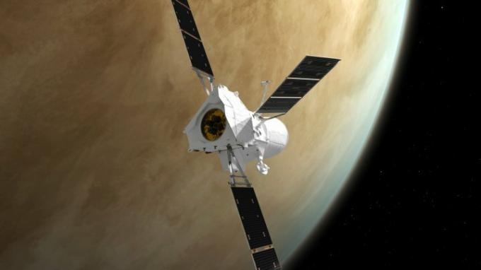 Konstnärsintryck av BepiColombo som flyger förbi Venus den 10 augusti 2021. Rymdfarkosten gör nio gravitationsmanövrar (en av jorden, två av Venus och sex av Merkurius) innan den går in i omloppsbana runt solsystemets innersta planet.