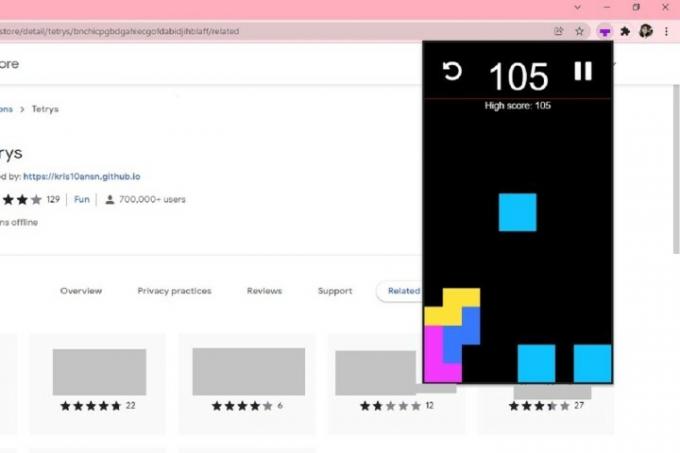 Captura de pantalla de la extensión del navegador Tetrys Chrome que muestra un juego de Tetrys en progreso.
