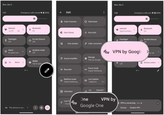 Voeg Google One VPN toe aan Snelle instellingen door Snelle instellingen weer te geven, selecteer Bewerken, sleep VPN naar boven, selecteer VPN-tegel om in en uit te schakelen