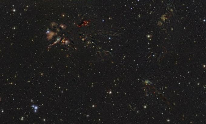 Gambar ini menunjukkan wilayah L1688 di konstelasi Ophiuchus. Bintang-bintang baru lahir di awan gas dan debu berwarna-warni yang terlihat di sini. Pengamatan inframerah yang mendasari gambar ini mengungkap detail baru di wilayah pembentuk bintang yang biasanya tertutup oleh awan debu. Gambar tersebut dihasilkan dengan data yang dikumpulkan oleh instrumen VIRCAM, yang terpasang pada teleskop VISTA di Observatorium Paranal ESO di Chile. Pengamatan dilakukan sebagai bagian dari survei VISIONS, yang memungkinkan para astronom untuk lebih memahami bagaimana bintang terbentuk di wilayah yang diselimuti debu ini.