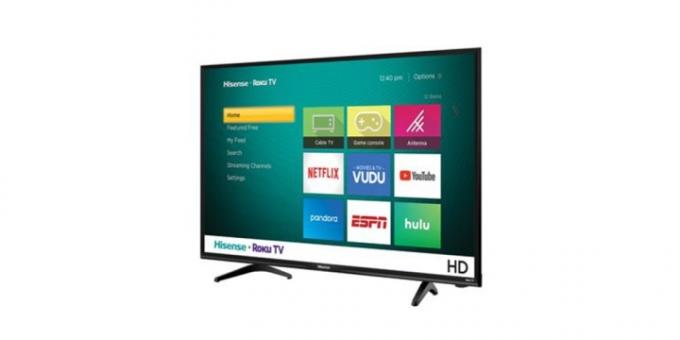 TV Roku Hisense de 32 polegadas em um fundo branco.