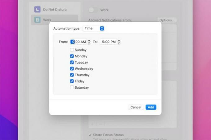 Menetapkan jadwal mingguan untuk mode Fokus di MacOS Monterey.